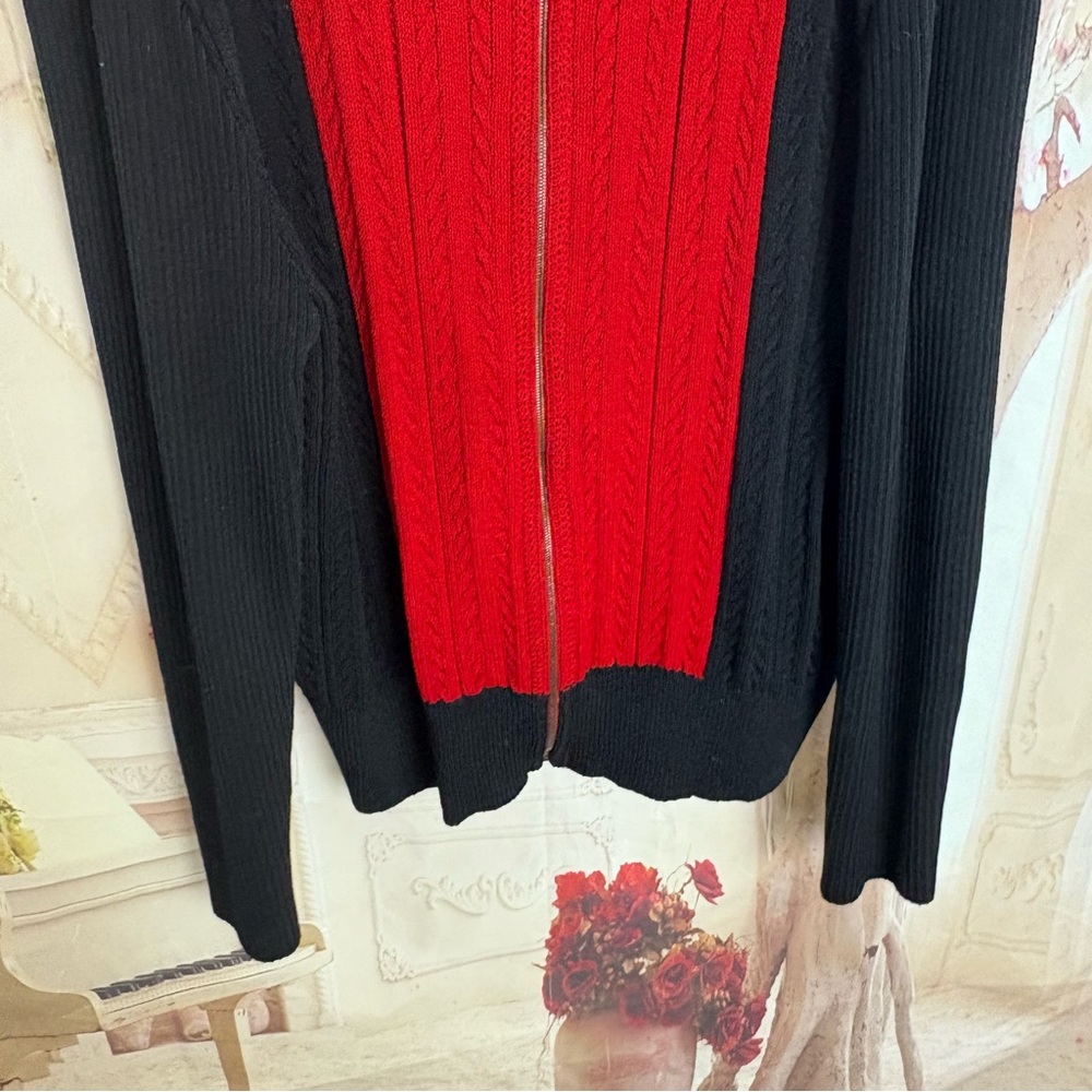 St. John Sport Black and Red Cable Knit Color Block Cardigan - Picture 4 of 8